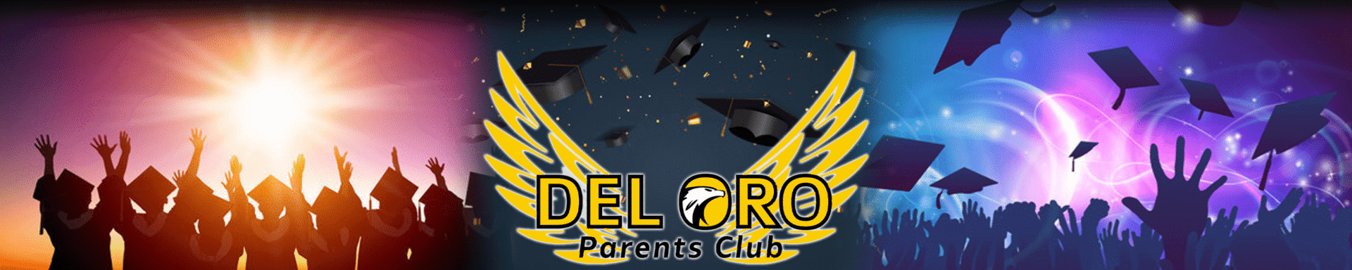 Logo for the Model Oro Parents Club with graduation caps and confetti.